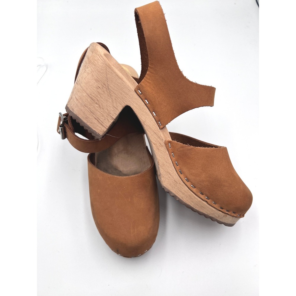 Lotta from Stockholm Clog Sandals Womens 39 Tan Good Leather Wood Ankle Strap